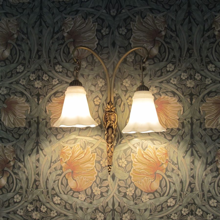 Dark green botanical wallpaper lit by a brass double wall sconce